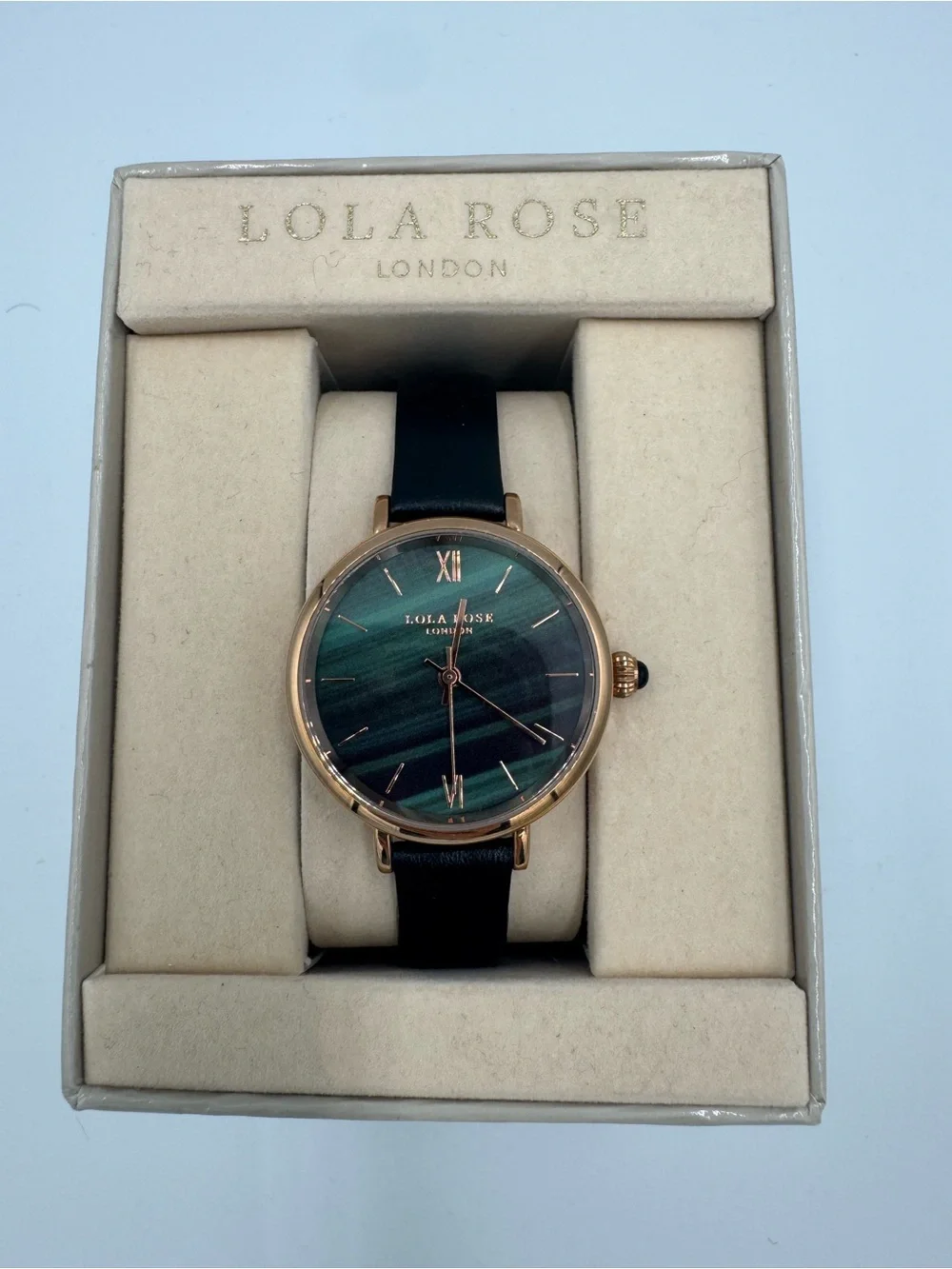 Beautiful Lola Rose Green Dial/ Rose Gold Roman Numeral & black leather strap